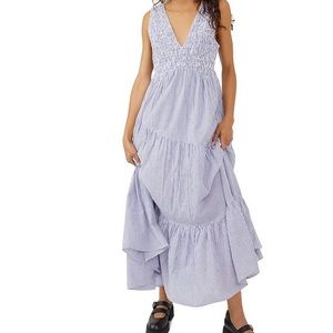 Free People Juno Tie Back Smocked Blue White Maxi Dress